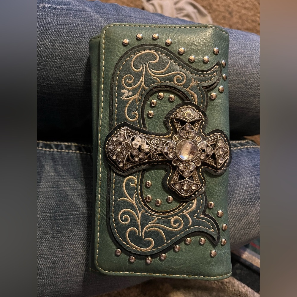 Teal Wallet with Embellished Cross Design
